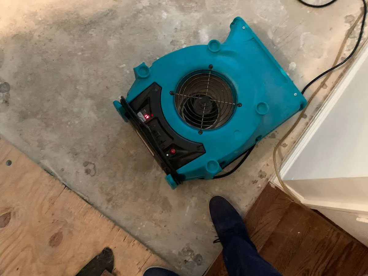 Air mover drying subfloor during Commercial Water Damage Restoration in Fultondale
